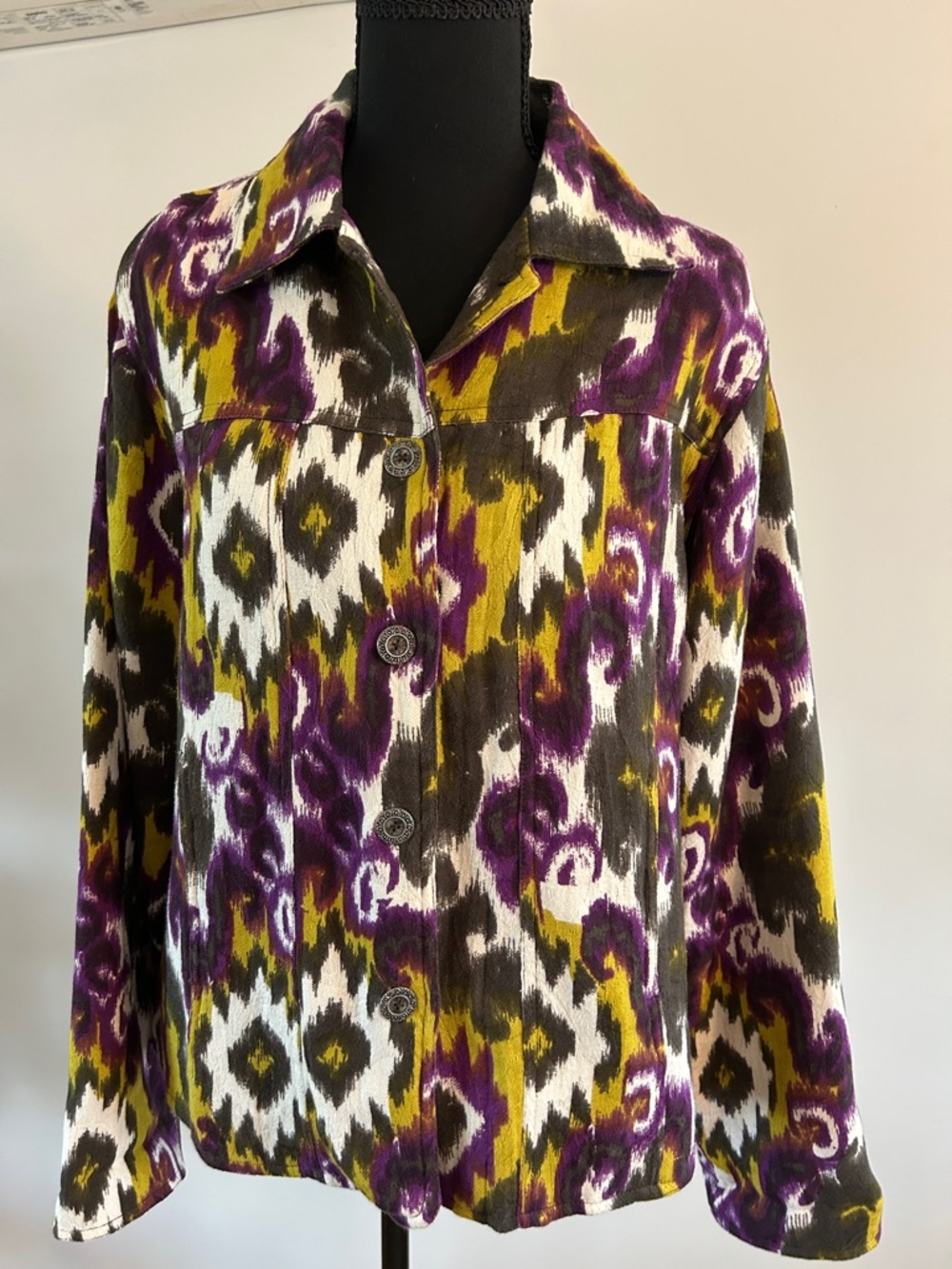 Ikat-Print Jean Jacket in Purple, Mustard & White